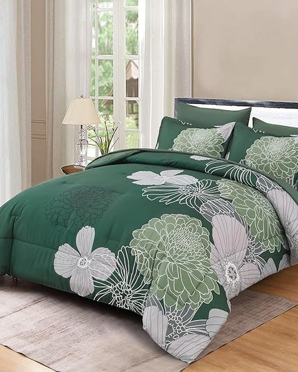 Yiran 7 Pieces King Size Comforter Set,Dark Green Floral Bed in a Bag Comforter and Sheet Set, Soft Microfiber Lightweight Bedding Set for All Season 103"×90" - LeafyLoom
