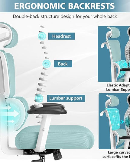 Primy Office Chair Ergonomic Desk Chair, High Back Computer Gaming Chair, Comfy Big and Tall Home Office Chair with Lumbar Support, Breathable Mesh Reclining Chair Adjustable Headrest(Light Blue) - LeafyLoom