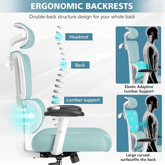 Primy Office Chair Ergonomic Desk Chair, High Back Computer Gaming Chair, Comfy Big and Tall Home Office Chair with Lumbar Support, Breathable Mesh Reclining Chair Adjustable Headrest(Light Blue) - LeafyLoom