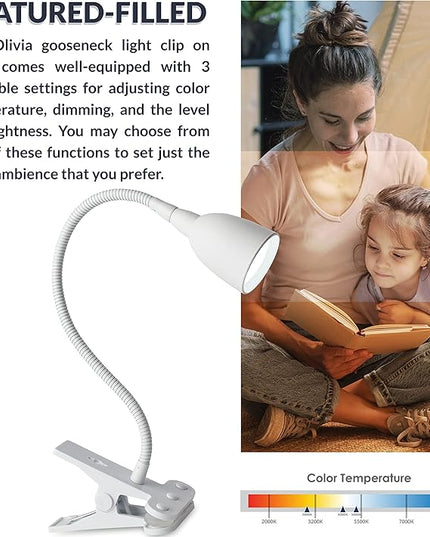Newhouse Lighting NHCLP-OL-WH Olivia LED Clamp Light Desk Lamp with Flexible Gooseneck, 3 Brightness Levels & 3 Color Modes, White - LeafyLoom