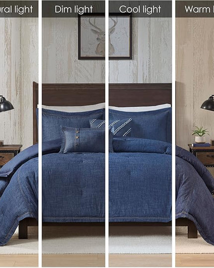 Woolrich Rustic Lodge Cabin Comforter Set - All Season Down Alternative Warm Bedding Layer and Matching Shams, Oversized Queen, Perry, Denim Blue - LeafyLoom