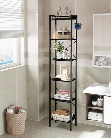 Bookshelf, Book Shelf, Industrial Bookcase with 2 Hooks, Coner Shelf Storage Organizer for Home Office, Living Room, Bedroom, Kitchen, 6-Tier Black BC10704B - LeafyLoom