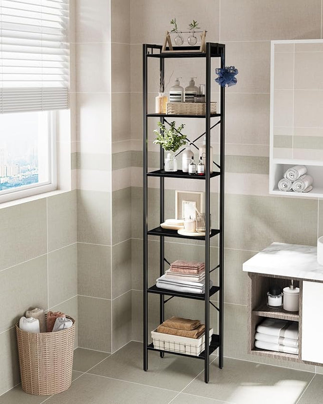 Bookshelf, Book Shelf, Industrial Bookcase with 2 Hooks, Coner Shelf Storage Organizer for Home Office, Living Room, Bedroom, Kitchen, 6-Tier Black BC10704B - LeafyLoom