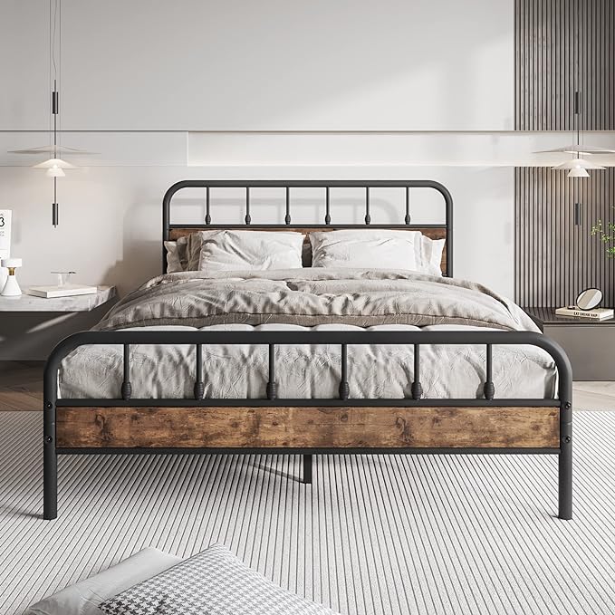 Black Queen Bed Frame with Wood Headboard,Metal Platform Bed Frames,No Box Spring Needed,Easy Assembly Rustic Brown - LeafyLoom