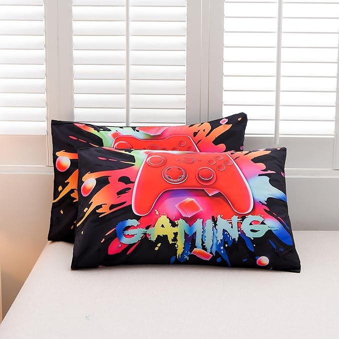 Aimuan Gaming Comforter Sets for Boys Kids Bedding Sets Video Games Console Action Buttons Novelty Colorful Game Gamepad Controller Modern Gamer Room Decor Home Quilt Set (Queen, Black) - LeafyLoom