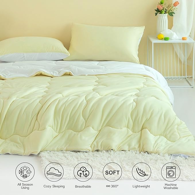 COTTEBED Reversible KING Bedding Comforter Set, Jersey Knit All Season Milk Cup Dual-Side Down Comforters, Super Soft Breathable Fluffy Lightweight Quilt & Pillow Shams(Yellow and White King/Cal King) - LeafyLoom