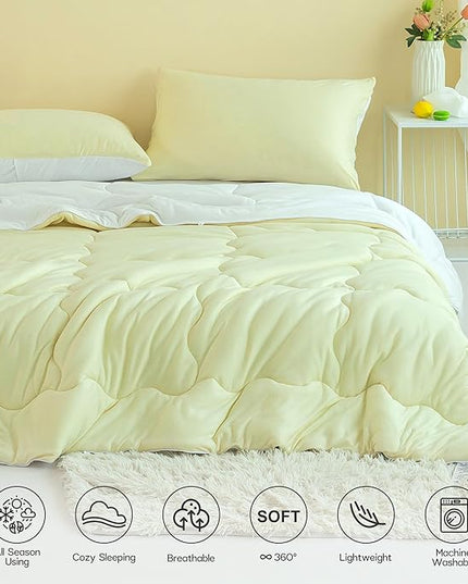 COTTEBED Reversible Queen Sized Bedding Comforter Sets - Cute Jersey Knit T-Shirt Feel Dual-Sided Full Down Comforters - Ultra-Soft Lightweight Quilt & 2 Pillow Shams All Season Use (Yellow and White) - LeafyLoom