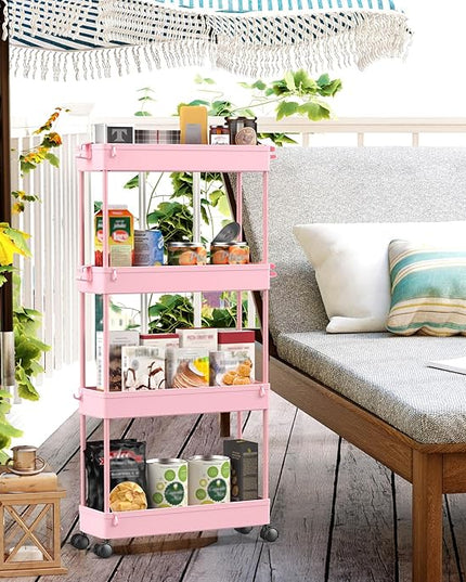 SPACEKEEPER Slim Rolling Storage Cart 4 Tier Bathroom Organizer Utility Cart Mobile Shelving Unit Tower Rack for Kitchen, Laundry Room, Bathroom, Narrow Places, Pink - LeafyLoom