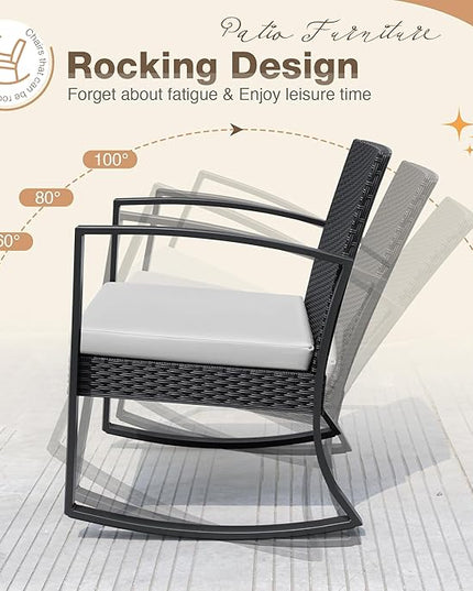 Greesum 3 Pieces Outdoor Furniture Set Patio Bistro Rocking Chairs with Glass Coffee Table for Pool Beach Backyard Balcony Porch Deck Garden, White - LeafyLoom