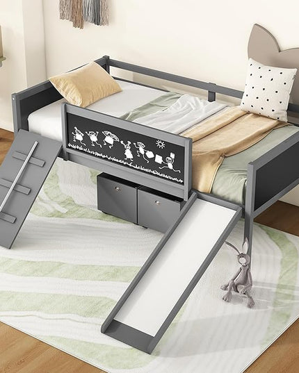 Twin Size Low Loft Bed with Slide and 2 Storage Boxes,Kids Low Loft Bed Frame with Climbing and Chalkboard,Solid Loft Bed Twin for Boys,Girls,Gray - LeafyLoom
