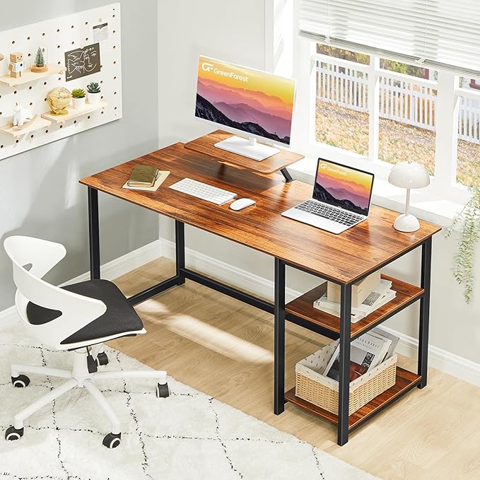 GreenForest Computer Desk with Monitor Stand,47 inch Home Office Desk with Reversible Storage Shelves Modern Writing Study Work Table,Easy Assembly,Walnut - LeafyLoom