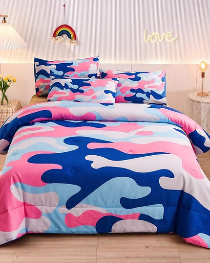 Meeting Story Camouflage Bedding Set, Colorful Pattern Style Queen Camouflage Comforter Set, 3 PCS 1 Comforter and 2 Pillowcases in 1 Bag, All Season Bedspread for Kids Teens Adults (Blue, Queen) - LeafyLoom