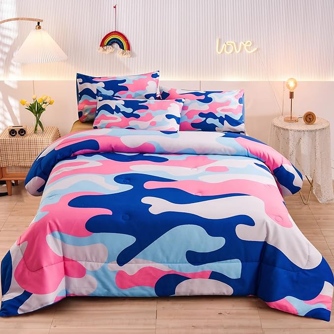 Meeting Story Camouflage Bedding Set, Colorful Pattern Style Queen Camouflage Comforter Set, 3 PCS 1 Comforter and 2 Pillowcases in 1 Bag, All Season Bedspread for Kids Teens Adults (Blue, Queen) - LeafyLoom