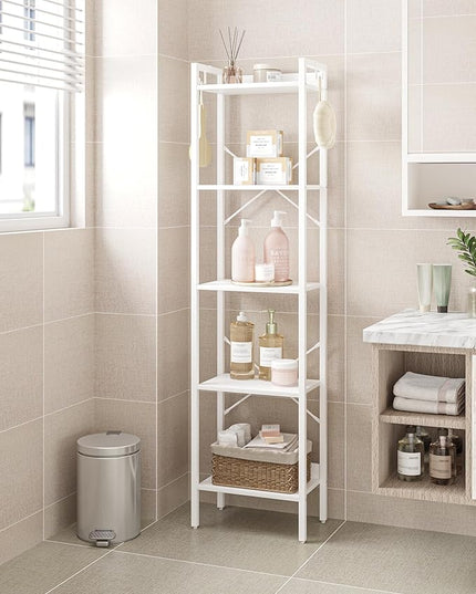 Bookshelf, Book Shelf, Industrial Bookcase with 2 Hooks, Coner Shelf Storage Organizer for Home Office, Living Room, Bedroom, Kitchen, 5-Tier White BC10513W - LeafyLoom