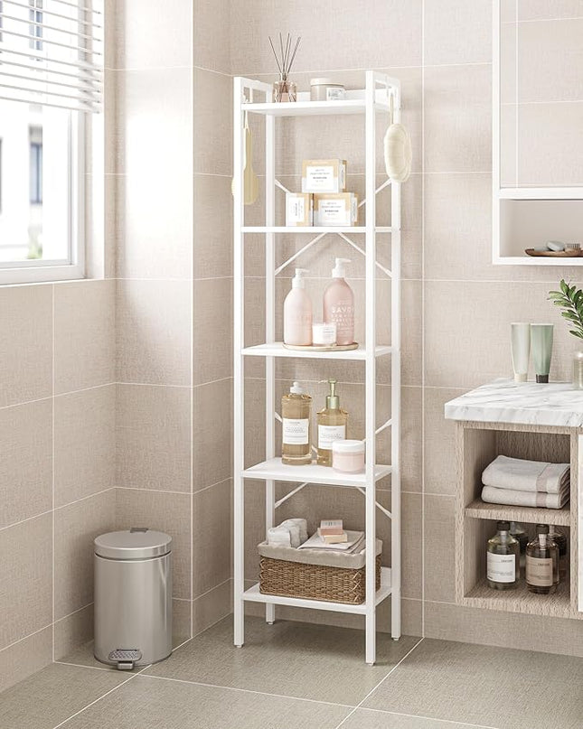 Bookshelf, Book Shelf, Industrial Bookcase with 2 Hooks, Coner Shelf Storage Organizer for Home Office, Living Room, Bedroom, Kitchen, 5-Tier White BC10513W - LeafyLoom