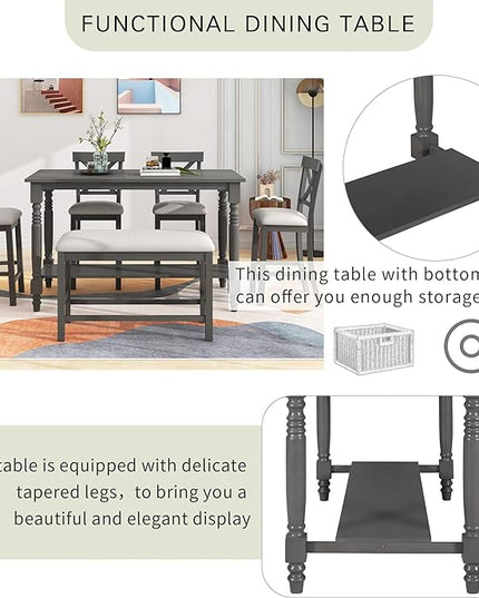 6-Piece Wood Counter Height Dining Set, Rectangular Table with Shelf, 4 Chairs and Bench for Kitchen, Breakfast Nook, Living Room, Gray, 60" L x 29.5" W x 36" H - LeafyLoom