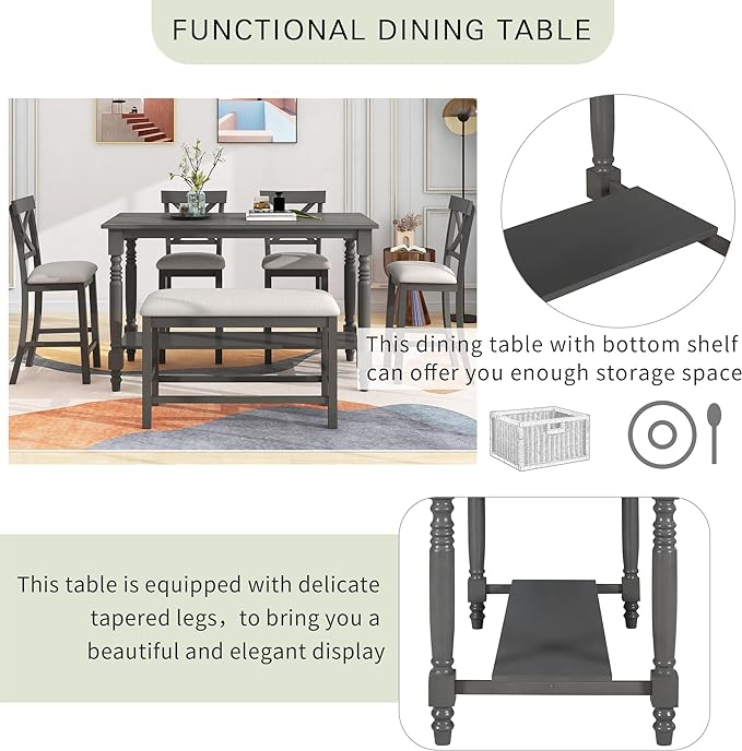 Dining Table Set for 6, 6-Piece Counter Height Kitchen Table Set with 4 Upholstered Chairs, Bench and Storage Shelf, Dining Room Table Set for Kitchen, Living Room, Grey+Beige - LeafyLoom
