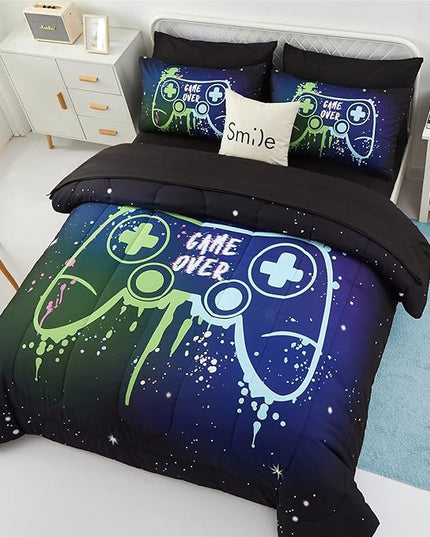 KAKKI Kids Gaming Bedding Sets Queen Size for Boys Teen, 5 Piece Bed in a Bag Gamer Comforter Set with Sheets, 3D Colorful Game Controller Comforter, All Season Soft Microfiber Bed Set(Blue,Queen) - LeafyLoom
