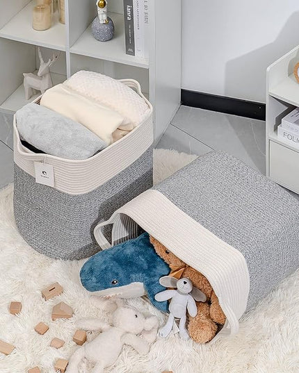Tall Storage Bins Rectangle Basket Cotton Extra Large Toy Storage Hamper Rectangular with Handles,Decorative Blanket Laundry Basket for Living room,Dog Baskets Large Basket for Toys 2 pack - LeafyLoom