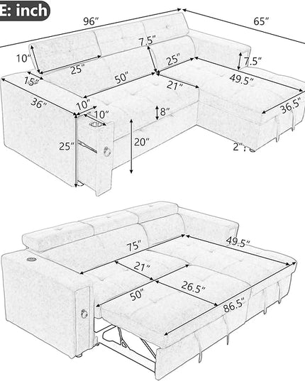 96“ L-Shape Sectional Sleeper Sofa with Pull out Bed, Adjustable Headrest &Storage Chaise, Linen Upholstered Convertible Couch w/Wireless Charging &Cup Holders, for Living Room Apartment - LeafyLoom