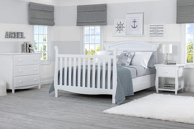 Delta Children Lancaster 4-in-1 Convertible Baby Crib, Bianca White + Serta Perfect Slumber Dual Sided Recycled Fiber Core Crib and Toddler Mattress (Bundle) - LeafyLoom