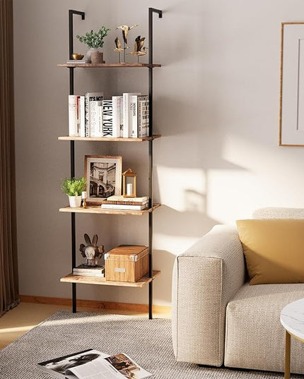 Ladder Shelf 4 Tiers Metal Industrial Bookshelf,Brown Wood Tall Open Storage Rack and Display Shelves,Wall Mount Wide Book Case for Home Office Bedroom,Small - LeafyLoom
