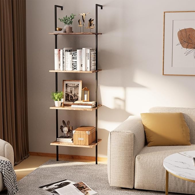 Ladder Shelf 4 Tiers Metal Industrial Bookshelf,Brown Wood Tall Open Storage Rack and Display Shelves,Wall Mount Wide Book Case for Home Office Bedroom,Small - LeafyLoom