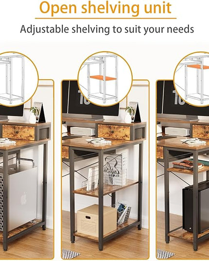 Treesland 55 Inch Computer Desk with Monitor Shelf, 24" Deep, Home Office Desks with Storage, Office Desk with 4 Drawers, Work Desk, Study Writing Desk, Desk with Drawers, Brown - LeafyLoom