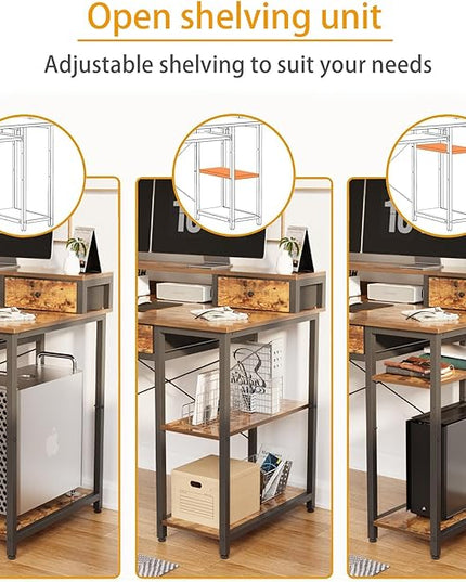 Treesland 47 Inch Multifunctional Computer Desk with Monitor Shelf, Professional Dual Tiers Writing Desk, 3 Drawers, and Storage - Sturdy Home Office Desk, Brown - LeafyLoom
