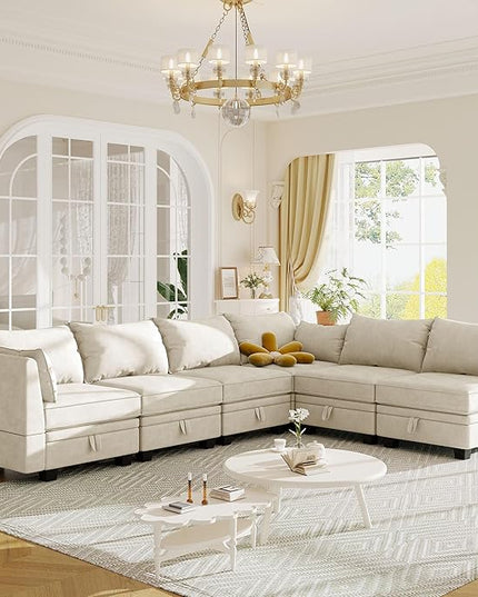 115.1" Modern Large U-Shape Modular Sectional Sofa with Reversible Chaise and Storage Seat, Convertible Sleeper Couch Bed for Living Room, Apartment, Office, Beige, 115.1 Inch - LeafyLoom