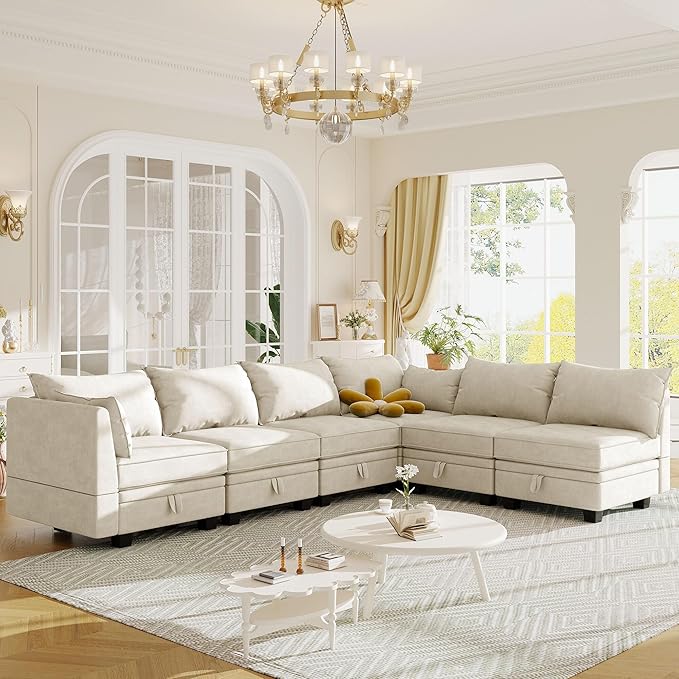 115.1" Modern Large U-Shape Modular Sectional Sofa with Reversible Chaise and Storage Seat, Convertible Sleeper Couch Bed for Living Room, Apartment, Office, Beige, 115.1 Inch - LeafyLoom