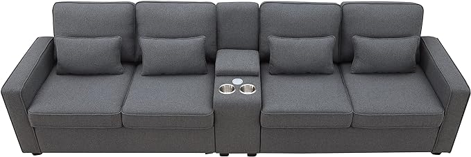 Upholstered Sectional Sofa with Console, 2 Cup Holders and 2 USB Ports & Wirelessly Charged, Modern Linen Fabric 4-Seat Couch with 4 Pillows for Living Room, Apartment, Office, 114.2inch - LeafyLoom