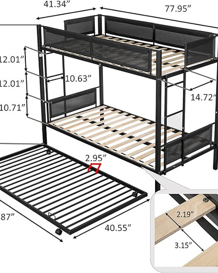Twin over twin bunk bed with Trundle,Sturdy Metal Frame,Noise-Free Wood Slats,Comfortable Textilene Guardrail, 2 side Ladders,Space-Saving-Trundle,Bunk-Bed for Three,No Box Spring Needed,Black - LeafyLoom