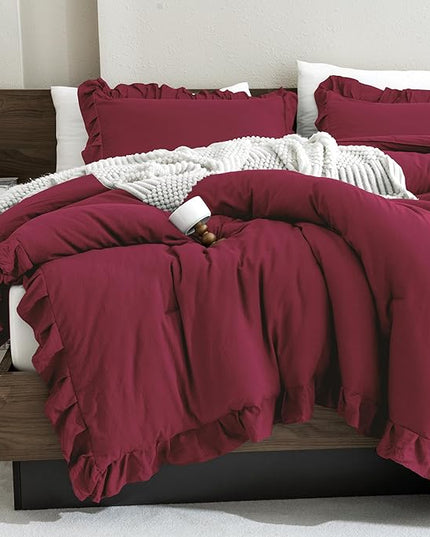 Andency Burgundy Twin Size Comforter Set for Kids Girls, 2 Pieces Solid Shabby Chic Ruffle Bedding Comforters & Sets, Soft Cozy Lightweight Down Alternative Twin Bed Set for All Season - LeafyLoom