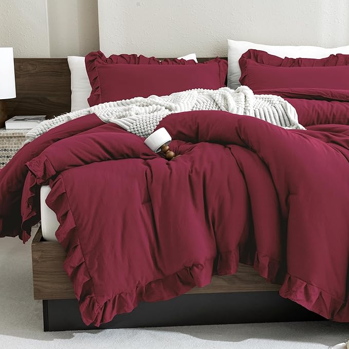 Andency Burgundy Comforter Set Queen Size, 3 Pieces Shabby Chic Ruffle Bedding Comforter Sets for Queen Bed, Lightweight Fluffy Soft Microfiber Farmhouse Comforter Set - LeafyLoom