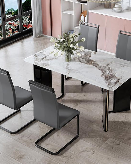NicBex Modern Minimalist Rectangular Dining Table White Imitation Marble Tabletop, MDF Table Legs with Gold Metal Decorative Strips Suitable for Restaurant and Living Room, White - LeafyLoom