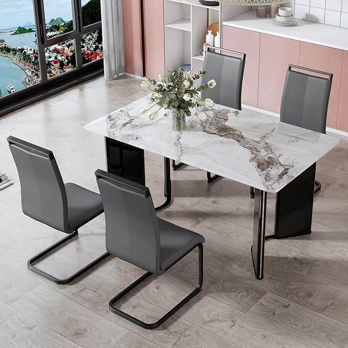 NicBex Modern Minimalist Rectangular Dining Table White Imitation Marble Tabletop, MDF Table Legs with Gold Metal Decorative Strips Suitable for Restaurant and Living Room, White - LeafyLoom