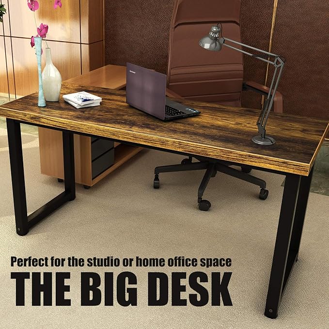 TOPSKY 59" Big Large Computer Office Desk 1.88" Thickness Desktop (Rustic Brown) - LeafyLoom