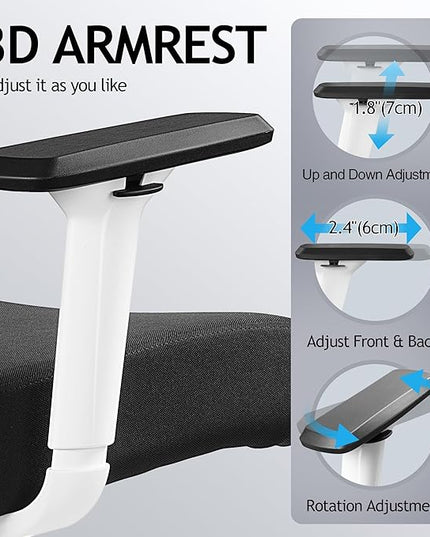 KERDOM Ergonomic Office Chair Desk Chair Comfortable Mesh Gaming Computer Swivel Rolling Chair, High Back Office Chair with Wheels, Headrest, 3D Armrest and Lumbar Support Home Office Desk Chair White - LeafyLoom