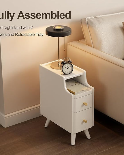 Small Nightstand, Solid Wood Nightstand with Drawers, Walnut Bedside Table for Bedroom - LeafyLoom