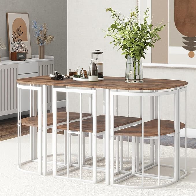 7-Piece Modern Set-Compact 55-Inch Faux Marble Kitchen Table with 6 Chairs-Elegant and Practical Dining Room Furniture-White and Cherry Finish - LeafyLoom