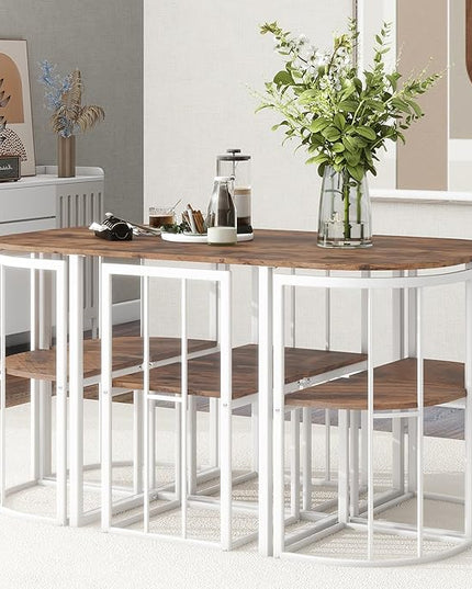 7-Piece Modern Dining, Wooden Kitchen Room Table Set with 6 Upholstered Chairs-Elegantly Shaped Legs and Comfortable Seating, White+Cherry - LeafyLoom