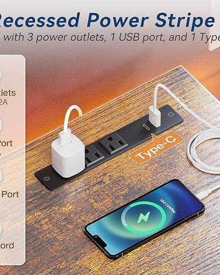 KKL Small Desk with Power Outlets and USB Port Computer Desk for Home Office Gaming Simple Modern Style Writing Desks with Storage Bag Headphone Hook, 32 inch, Rustic Brown - LeafyLoom
