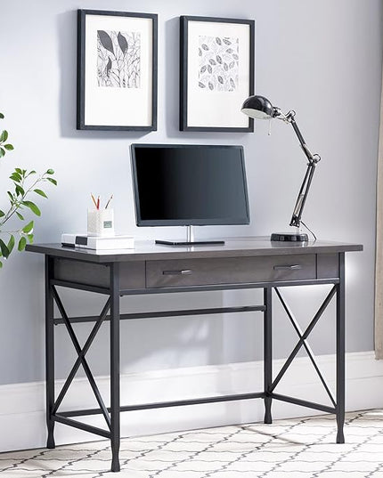 Leick Home 23400 Chisel & Forge Writing Computer Desk with Drop Front Keyboard Drawer, Smoke Gray and Matte Black - LeafyLoom