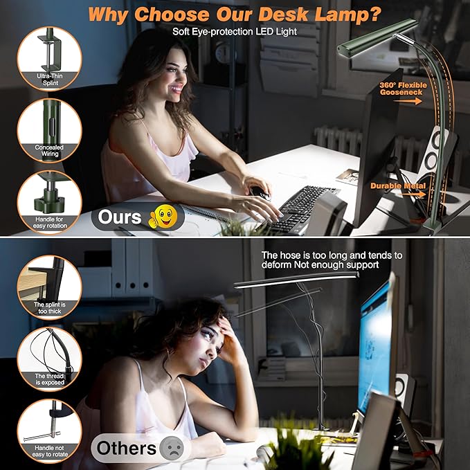 LED Desk Lamp for Office Home, Eye-Caring Desk Light with Stepless Dimming Adjustable Flexible Gooseneck, 10W USB Adapter Desk Lamp with Clamp for Reading, Study, Workbench (Green) - LeafyLoom