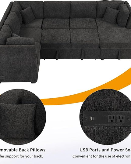 U Shaped Reversible Pull Out Sleeper Sectional Sofa Convertible Corner Couch Bed with Storage Chaise Lounge , 6 Seater Chenille Upholstered Sofa&Couch wth USB Ports, 2 Power Sockets for Living Room - LeafyLoom