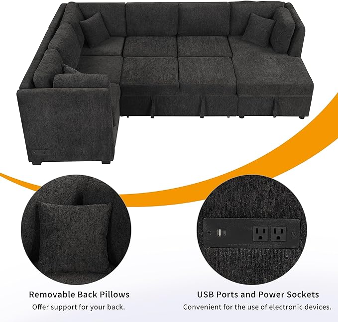 U Shaped Reversible Pull Out Sleeper Sectional Sofa Convertible Corner Couch Bed with Storage Chaise Lounge , 6 Seater Chenille Upholstered Sofa&Couch wth USB Ports, 2 Power Sockets for Living Room - LeafyLoom
