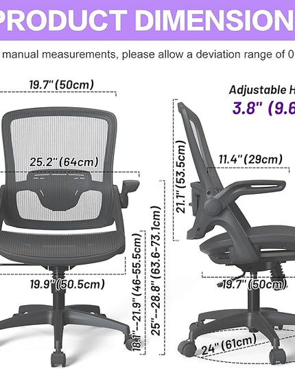 Ergonomic Mesh Seat Home Office Computer Desk Chair Height Adjustable Lumbar Support with Flip Up Arms Swivel Wheels for Adult, black - LeafyLoom