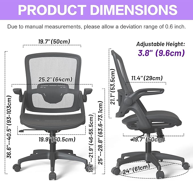 Ergonomic Mesh Seat Home Office Computer Desk Chair Height Adjustable Lumbar Support with Flip Up Arms Swivel Wheels for Adult, black - LeafyLoom