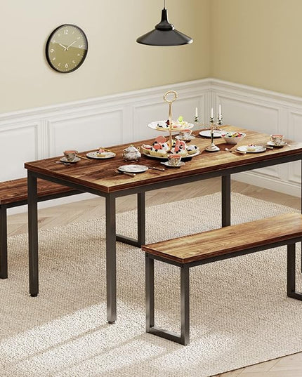 soges Kitchen Table Set with 2 Benches, Bench Dining Table Set for 4, 3 Piece Dining Room Table and Long Benches, Breakfast Table Coffee Table Set, Industrial Style Wooden Kitchen and Dining Room Set - LeafyLoom